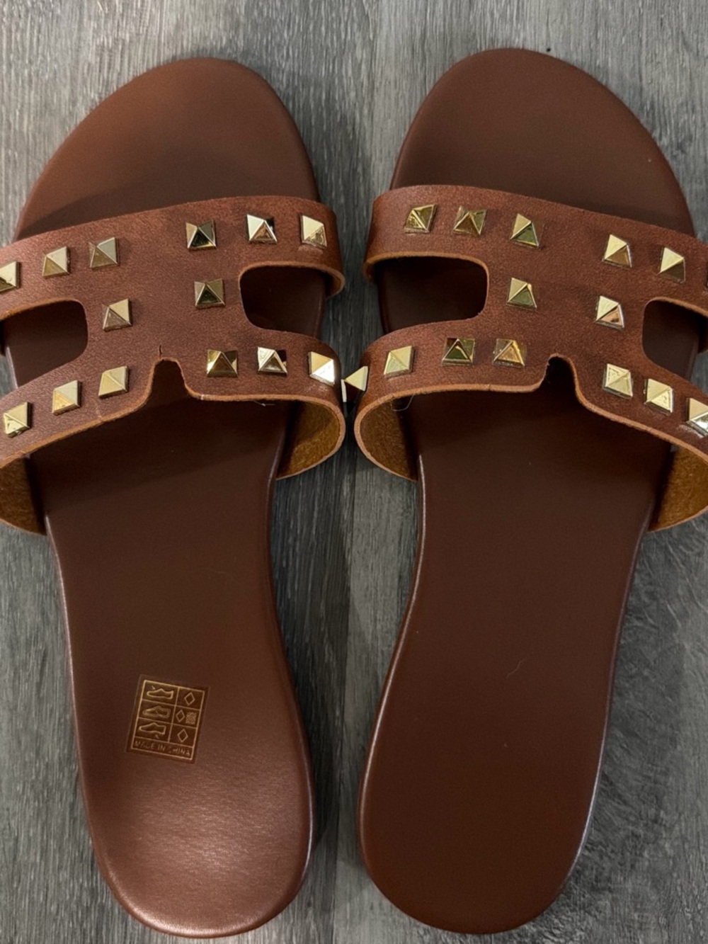 SHEIN Brown Slide Sandals with Gold Studs